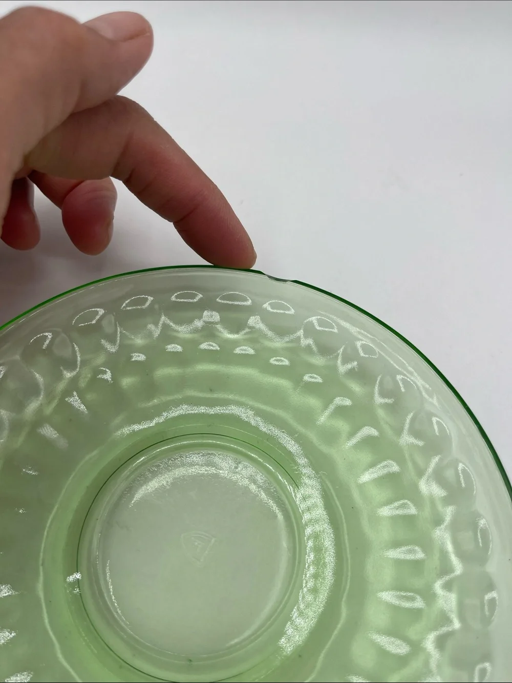 Vintage Federal Green Depression Uranium Glass Saucer Thumbprint